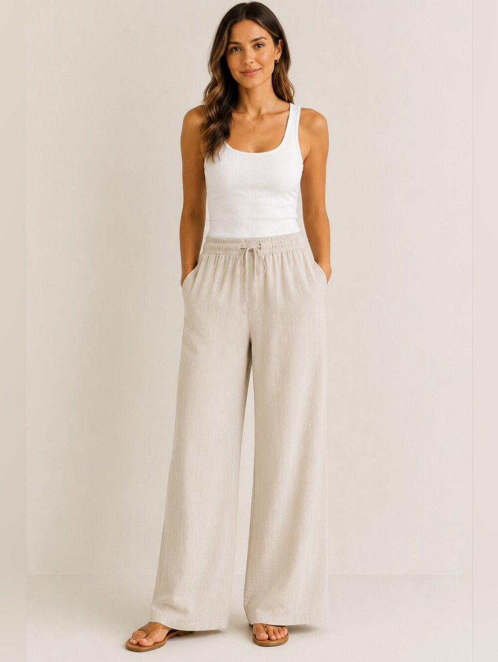 Zara Light Beige Wide-Leg Drawstring Pants